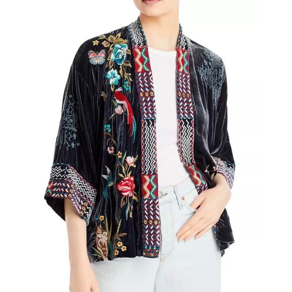 Johnny Was Gen Boho Velvet Floral Embroidered Kimono Jacket Cardi XS Fits S M L - Picture 2 of 10